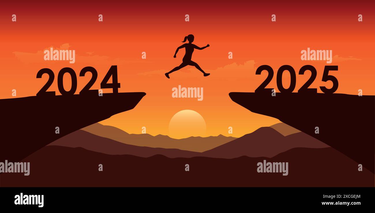 woman jumping over a cliff from 2024 to 2025 vector ilustration Stock