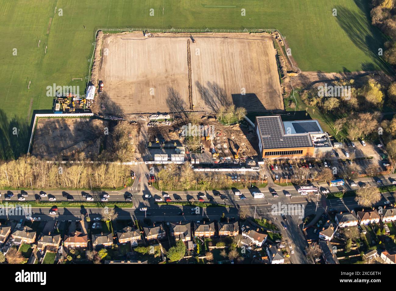 Aerial photo of Hough End Leisure Centre showing groundworks for new