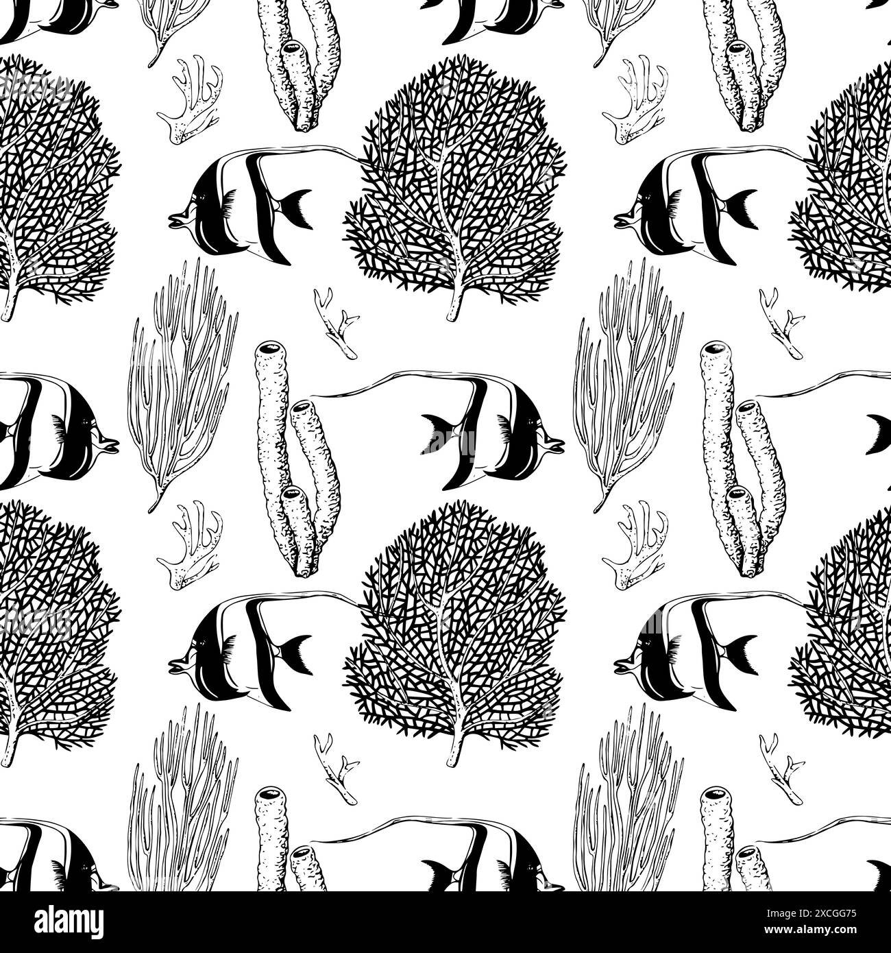 Seamless pattern with sea reef corals and tropical fish moorish idol ...