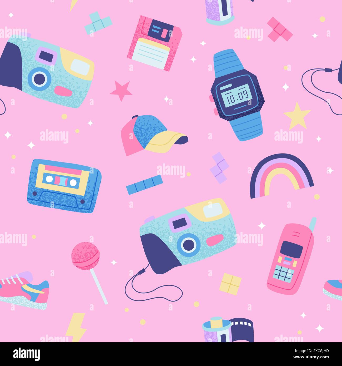 90s retro seamless pattern. Cute bright multicolor elements on pink background. Vector illustration in trendy flat style Stock Vector