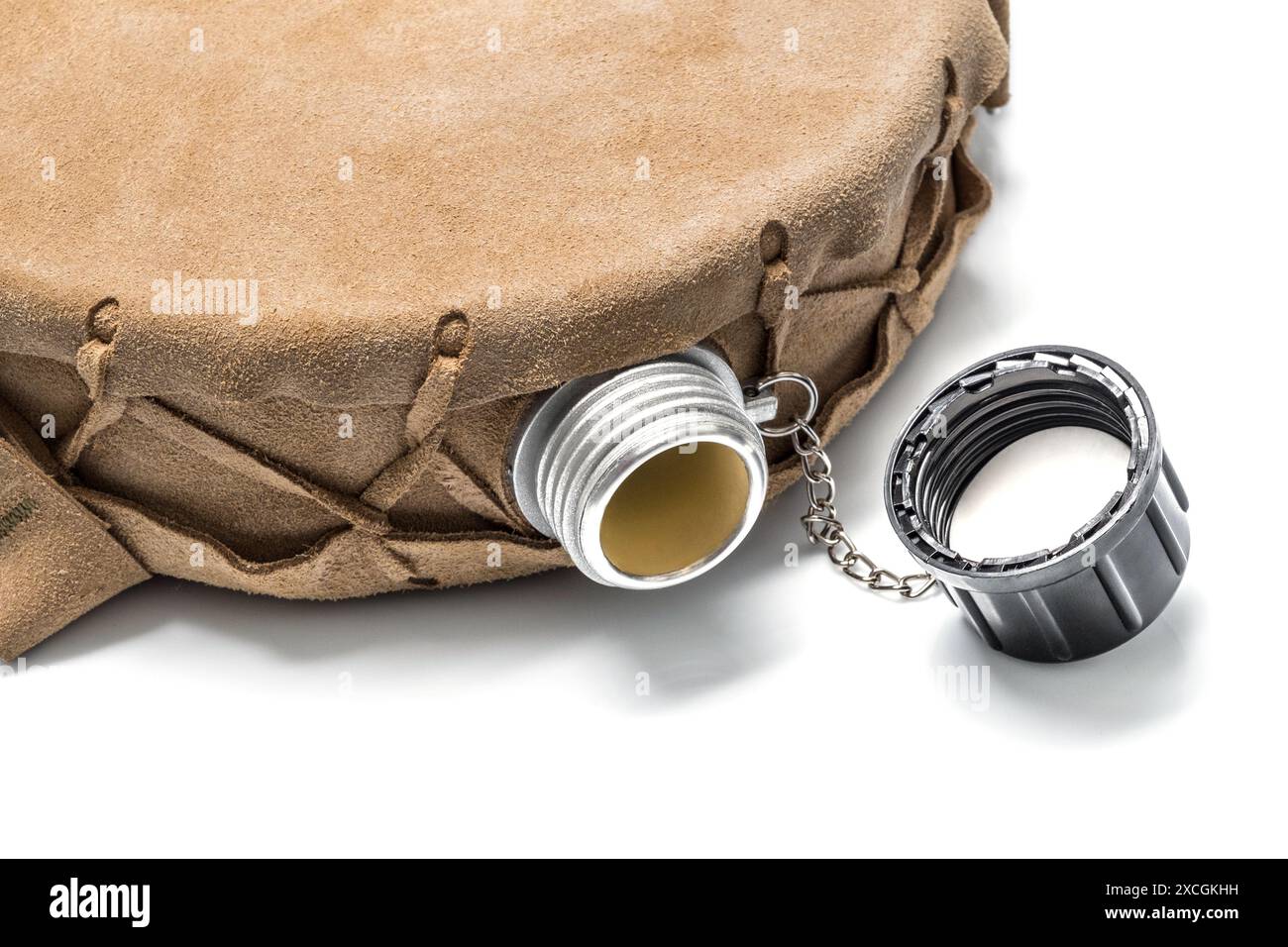 Round water bottle canteen isolated on white background. Vintage army ...