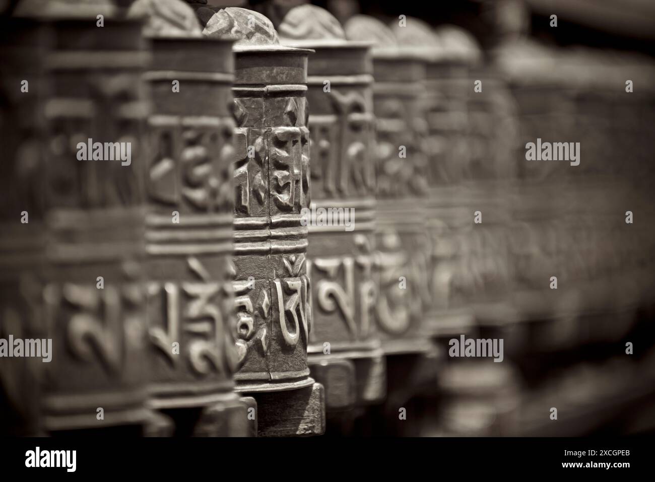 Buddhist prayer wheels at the Swayambhunath Temple Stock Photo - Alamy
