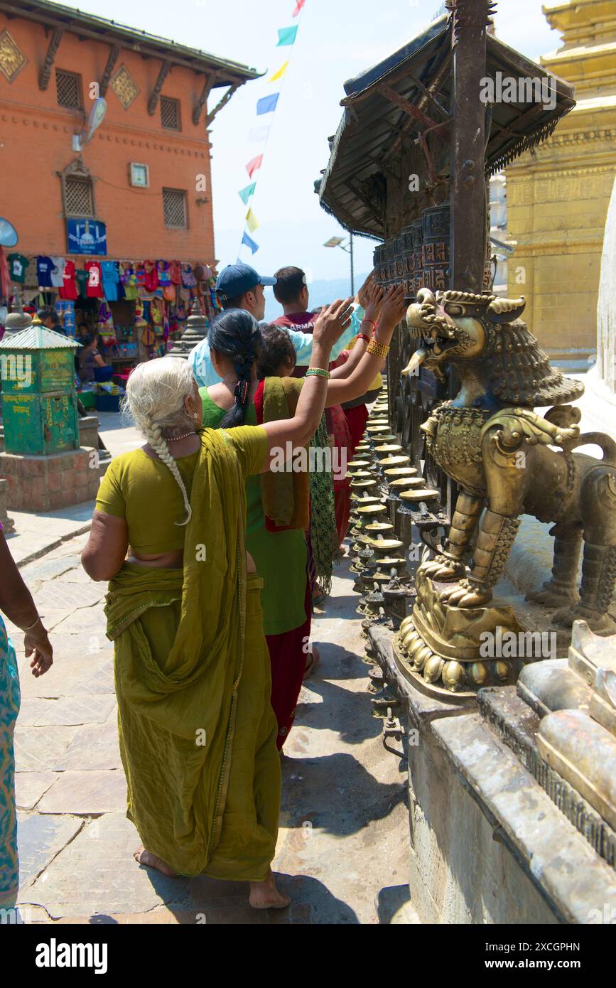 Swayambhunath Temple and Buddhist prayer wheels in Kathmandu Stock ...