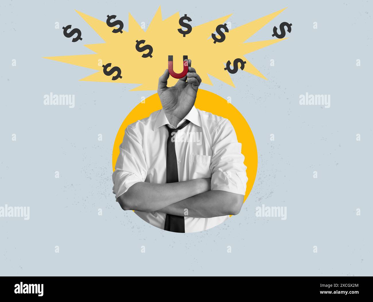 Collage with a magnet attracting money. Business ideas and financial success. Stock Photo