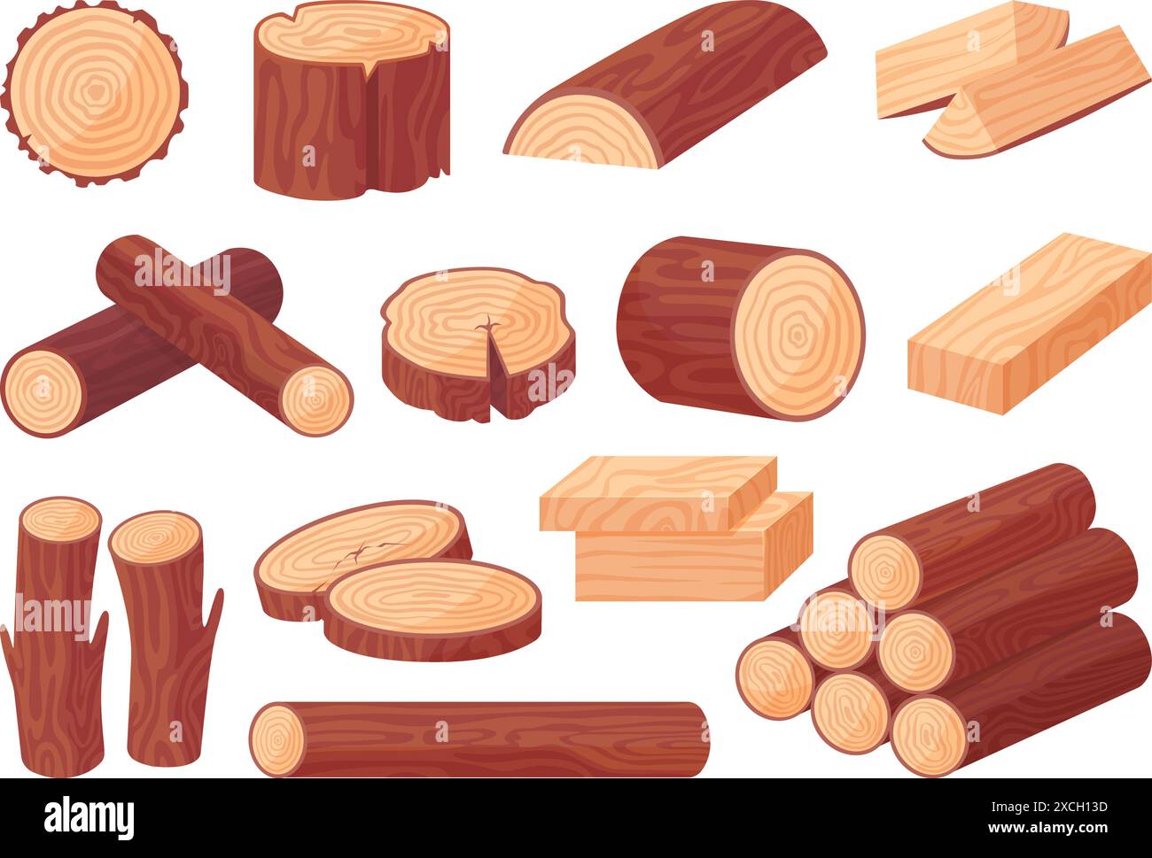 Cartoon wood logs. Timber stacks, tree cuts and stumps. Wooden processing industry, sawmill products. Plank and log neoteric vector clipart Stock Vector
