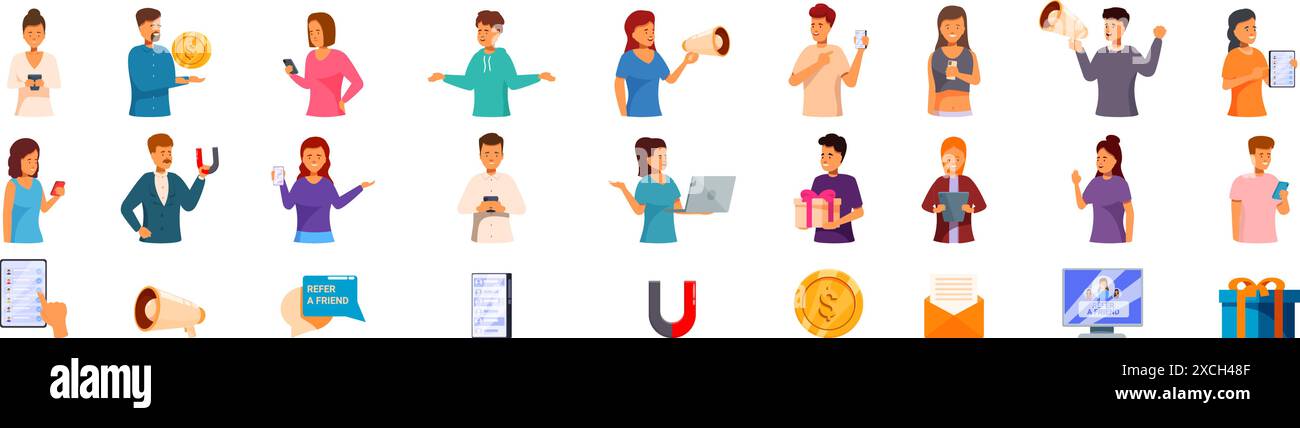 Referral network icons set. People attracting clients using referral marketing program, giving presents and bonuses for recommendation Stock Vector