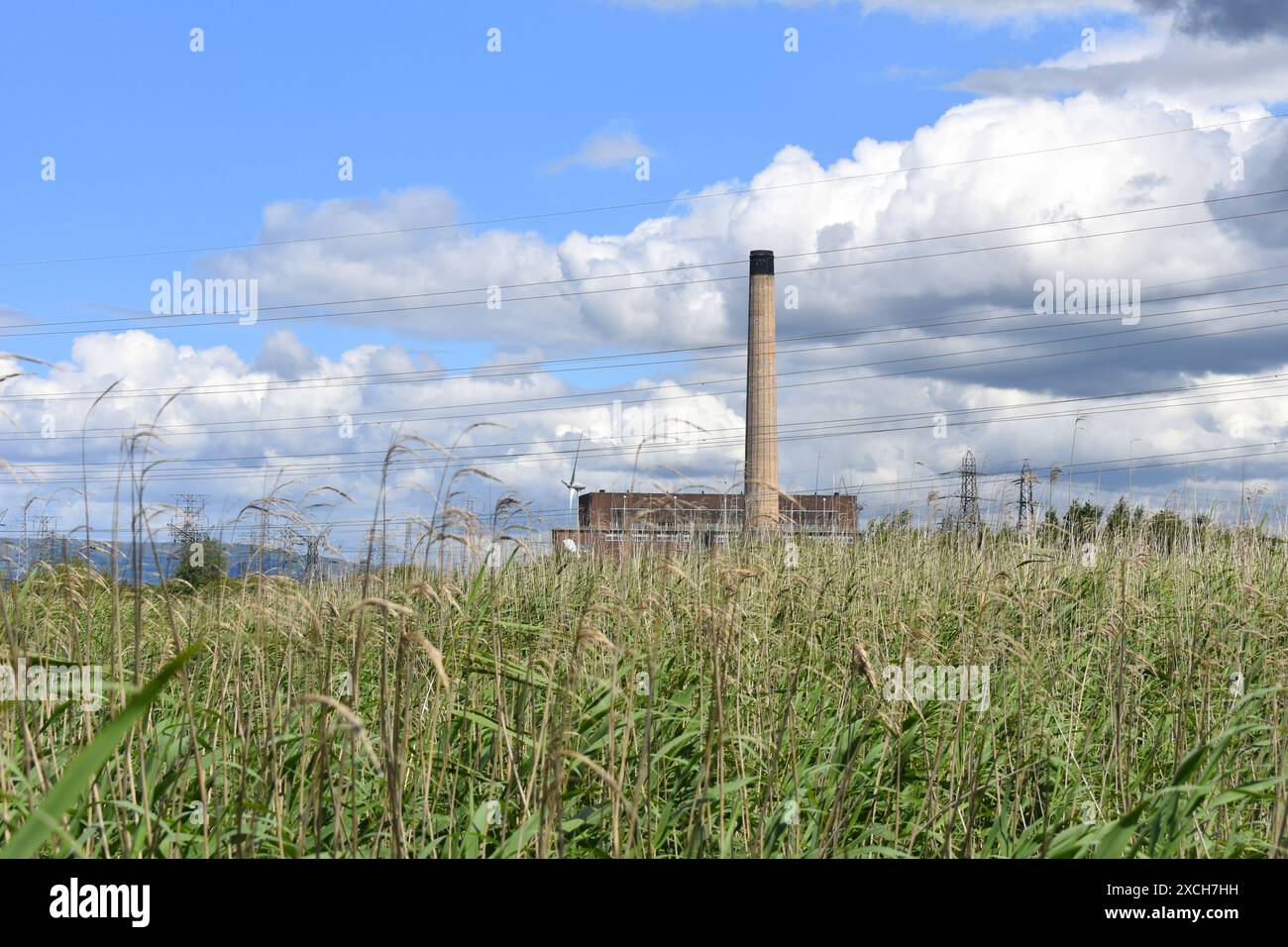 View of Uskmouth power station from the Newport Wetlands, Newport, Gwent, Wales Stock Photo