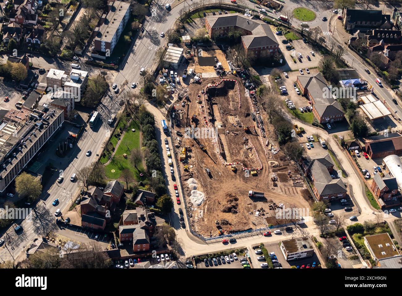 Aerial photo of Nottingham Bluecoat Trent Academy construction work from 1500 feet showing excavations Stock Photo