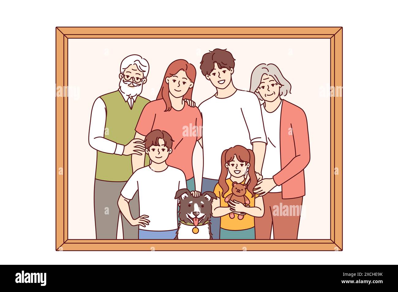 Family portrait of retirees with children and grandchildren with dog posing for memorable photo in wooden frame. Happy family of three generations taking pictures together after festive dinner Stock Vector