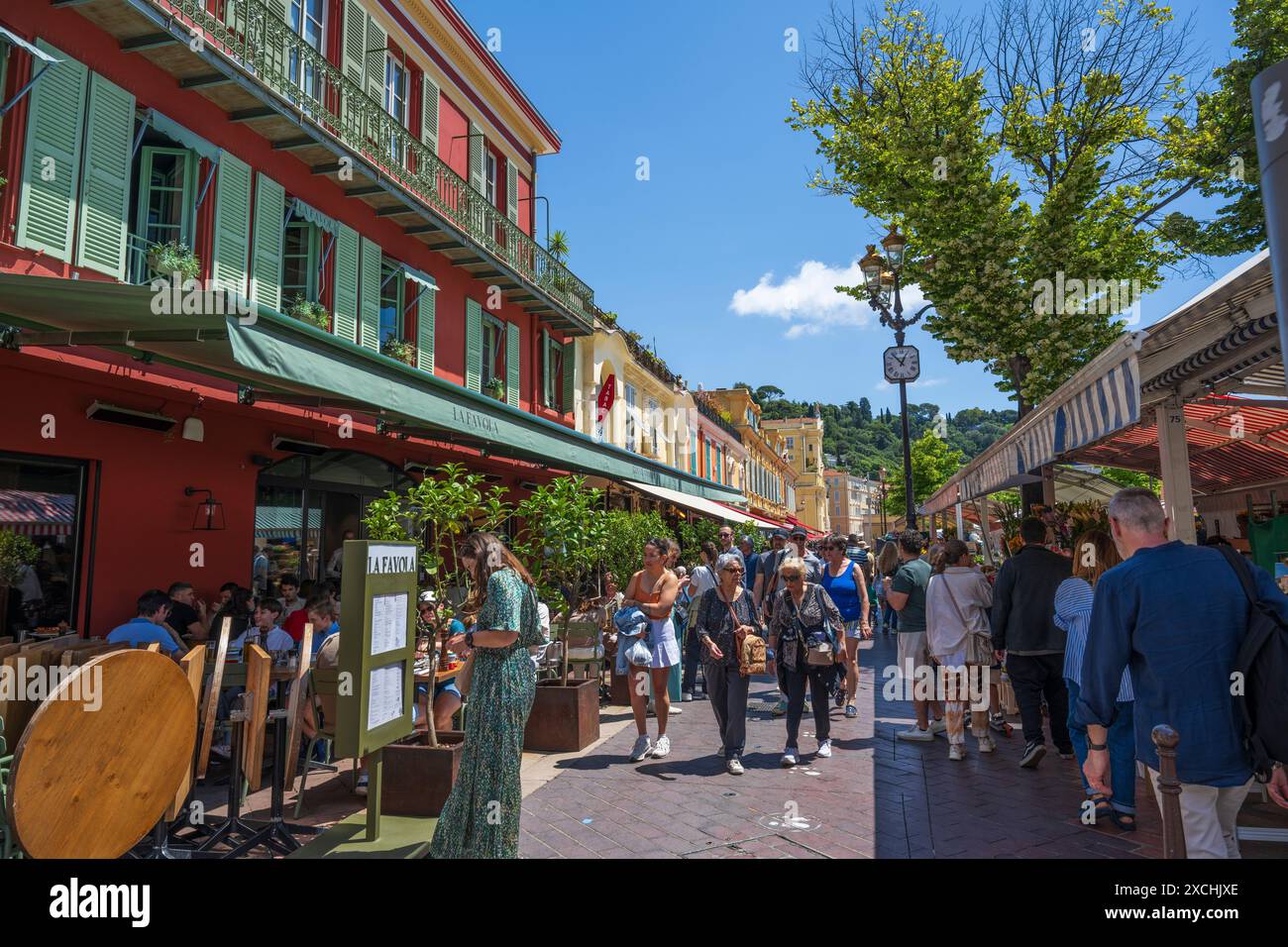 La Favola restaurant and flower market on Cours Saleya in old town Nice, French Riviera, Côte d'Azur, Provence, France Stock Photo