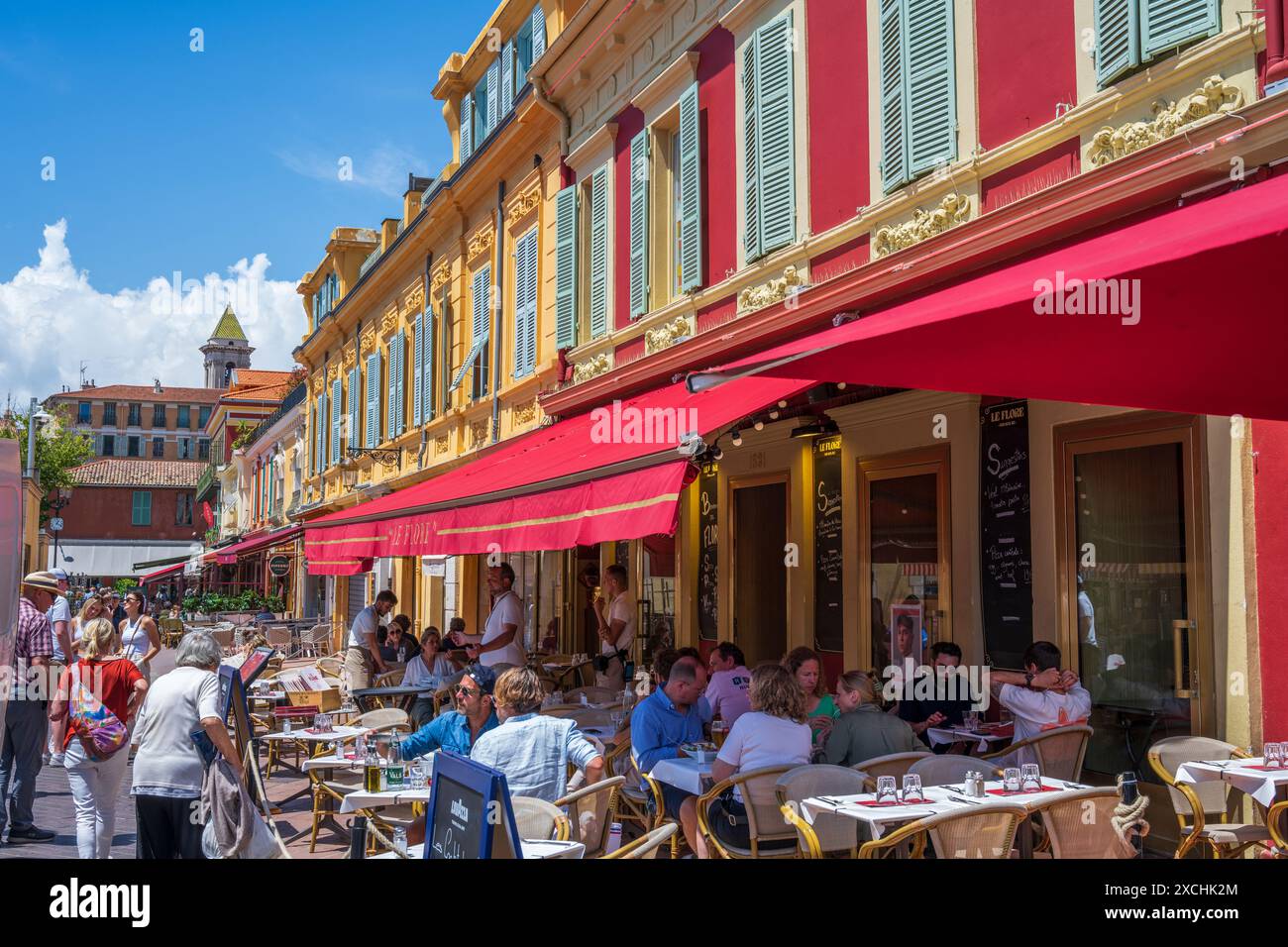 Colourful buildings and restaurants on Cours Saleya in old town Nice, French Riviera, Côte d'Azur, Provence, France Stock Photo