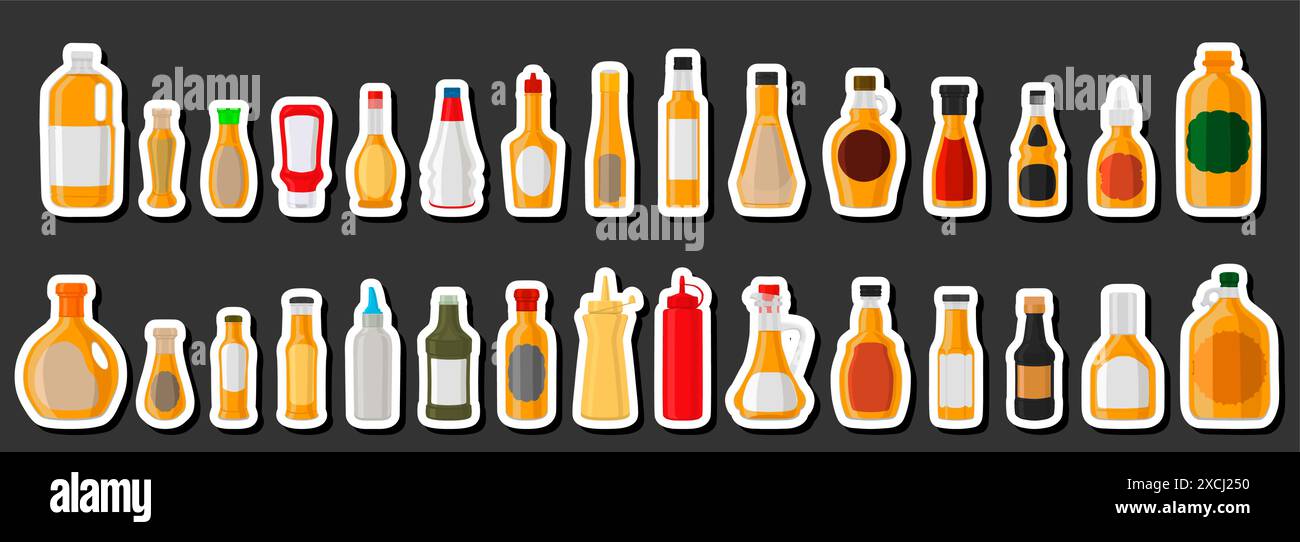 Illustration on theme big kit varied glass bottles filled liquid apple vinegar, bottles consisting from apple vinegar, empty labels for titles, vinega Stock Vector