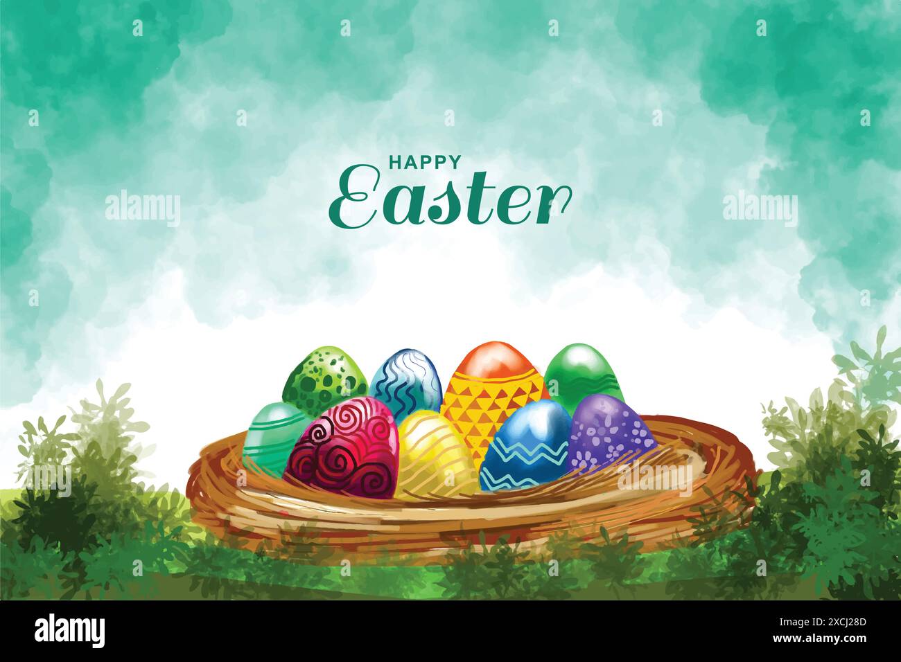 Happy easter colorful painted egg and rabbit ears card background Stock Vector