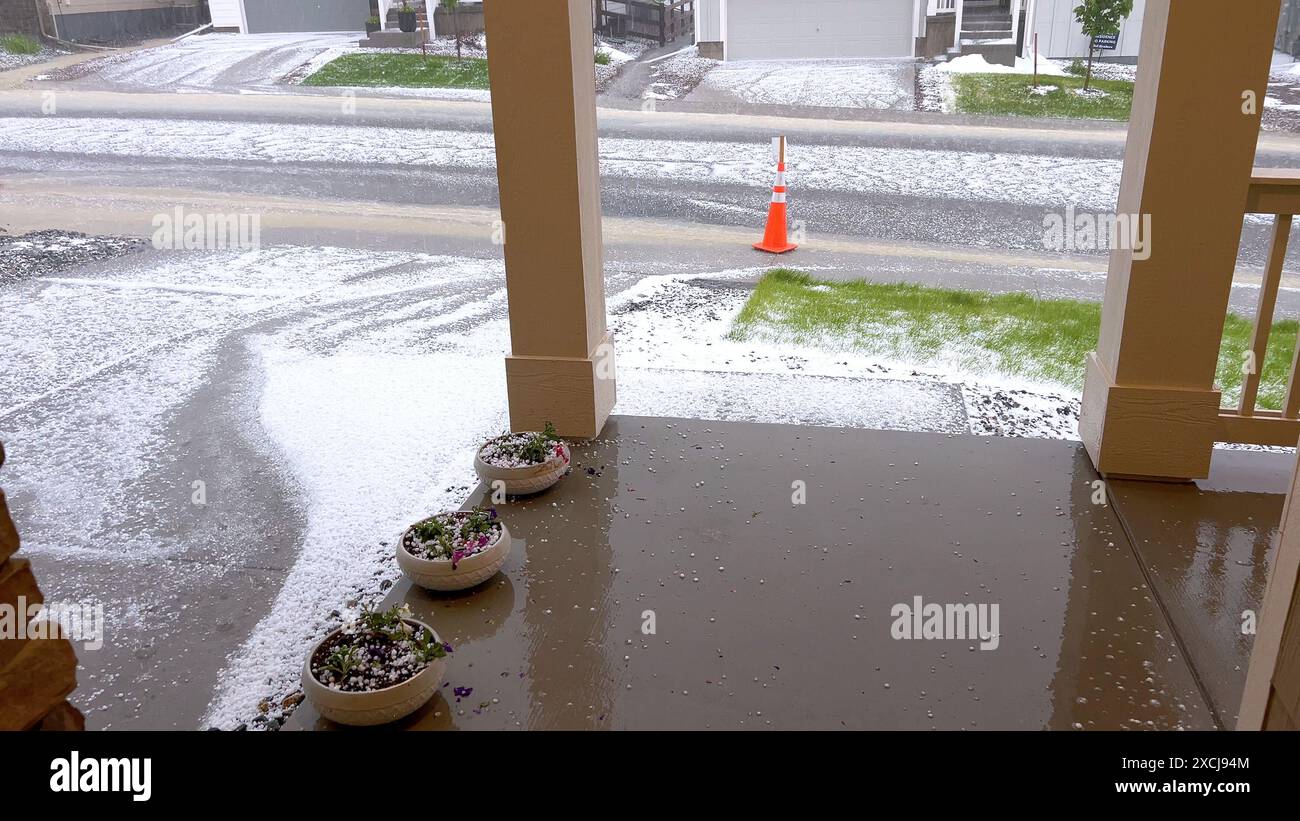 Lawn and Rock Garden Covered in Hail After Storm Stock Photo - Alamy