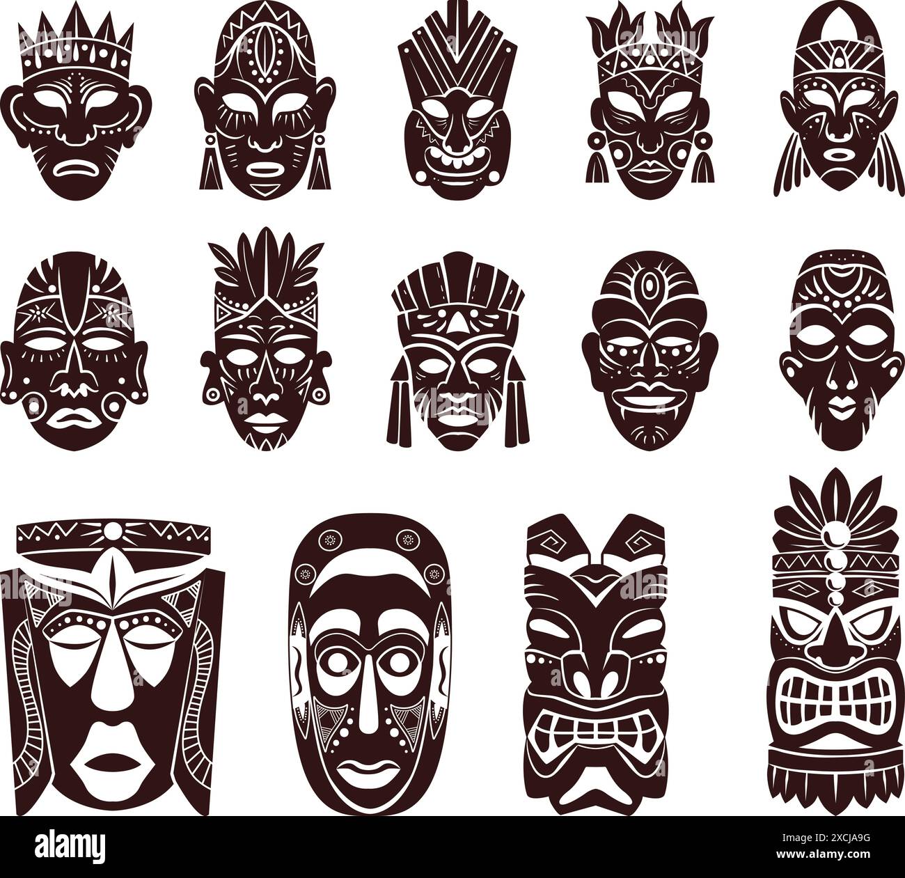 Black ritual mask. Tribal masks tiki idol heads face ornament tattoo pattern, ancient mayan african indigenous aborigine silhouette logo ethnic totem, ingenious vector illustration of culture ethnic Stock Vector