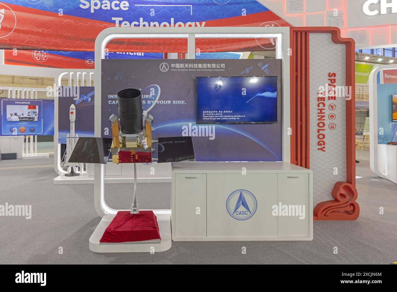 Belgrade, Serbia May 24, 2024 China Pavilion Space Technology CASC Satellite Model at