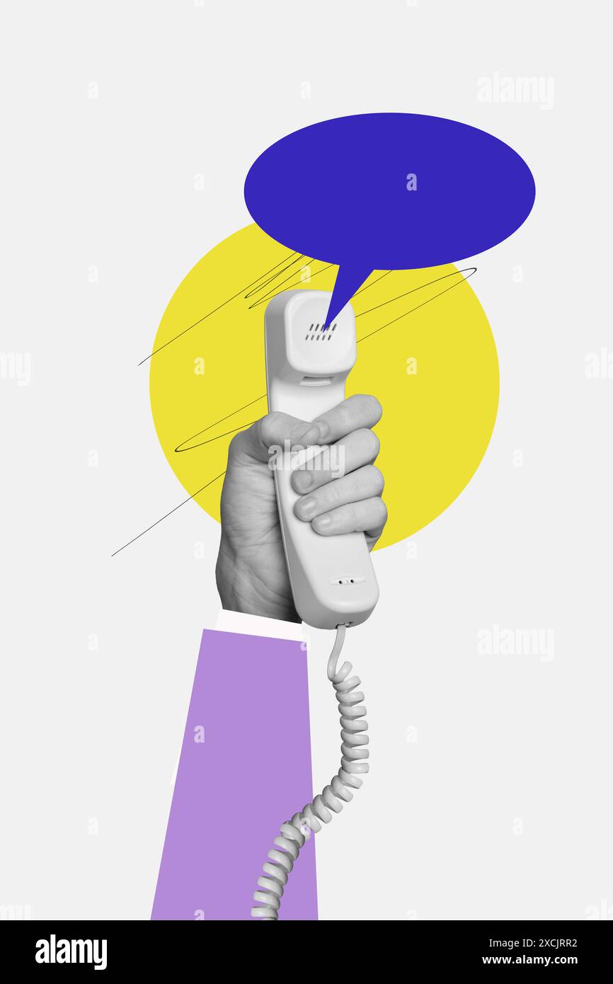 Vertical collage poster human hand hold telephone landline wire cable ...