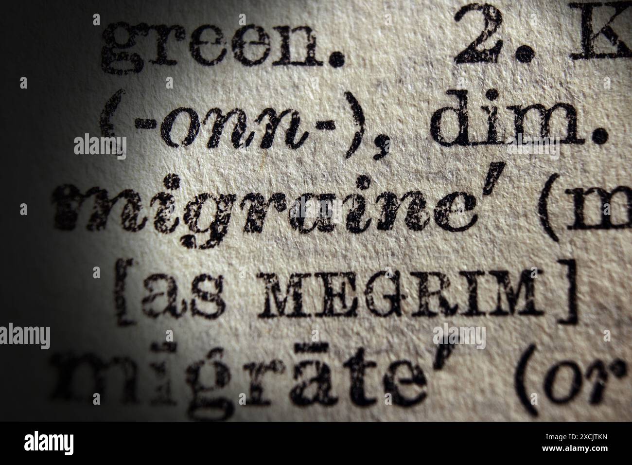 Word migraine on dictionary page, macro close-up Stock Photo