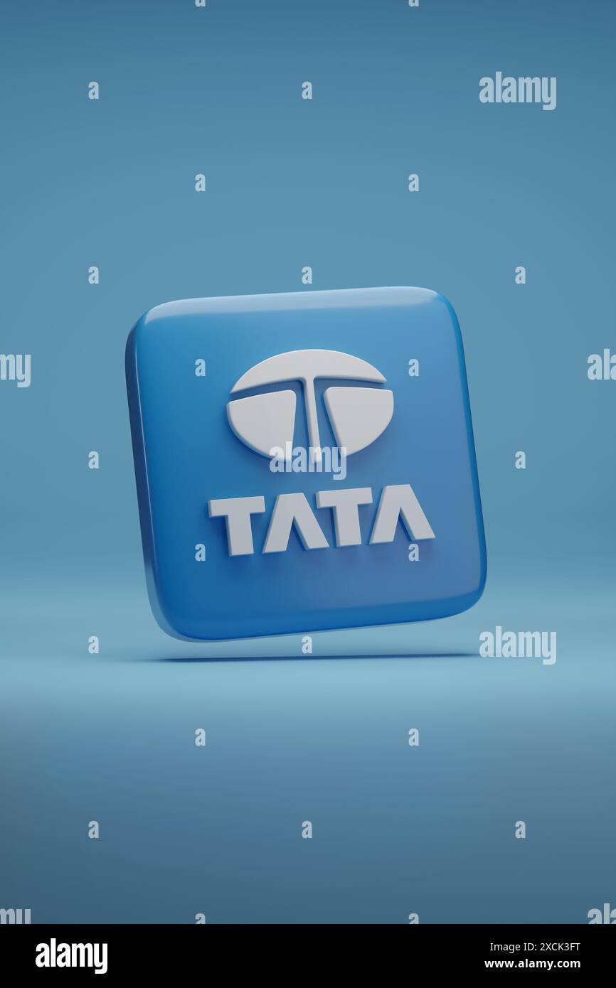 TATA Group logotype isolated on blue background. 3d illustration. Stock Photo