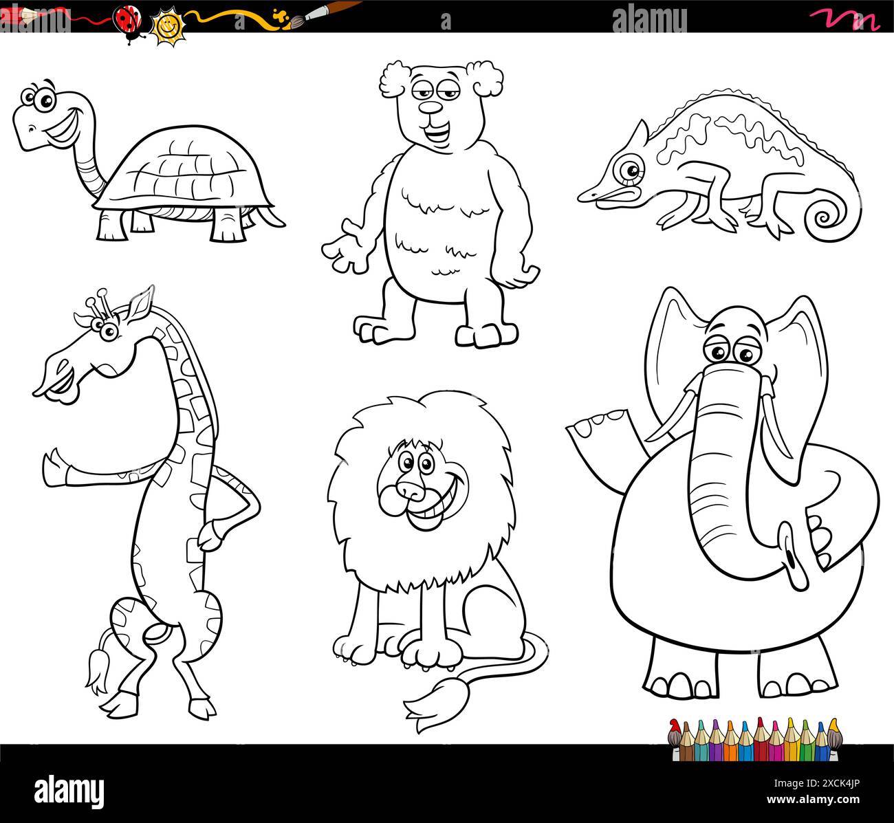 Black and white cartoon illustration of wild animal characters set ...