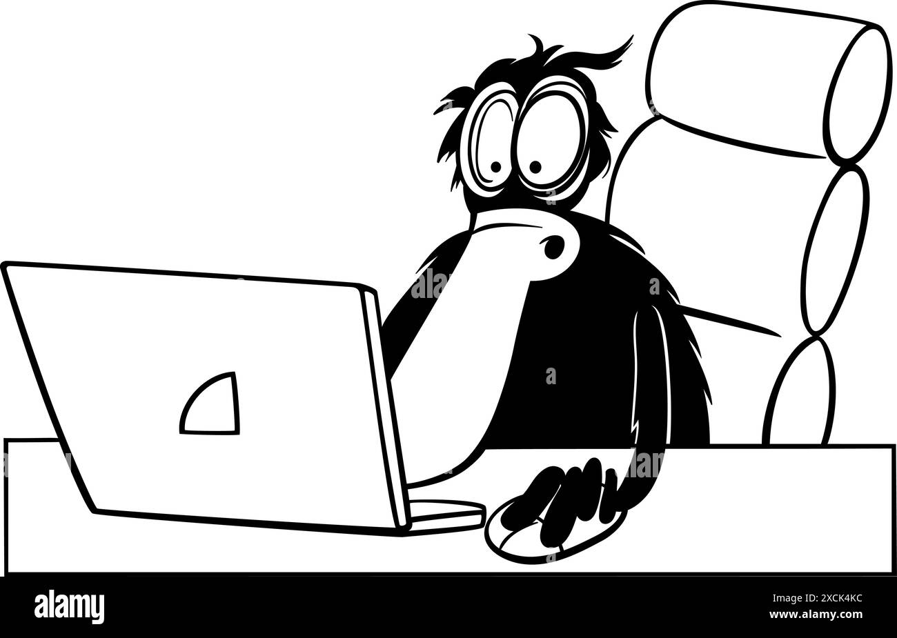 Cartoon illustration of funny tired black duck animal character with laptop computer coloring page Stock Vector