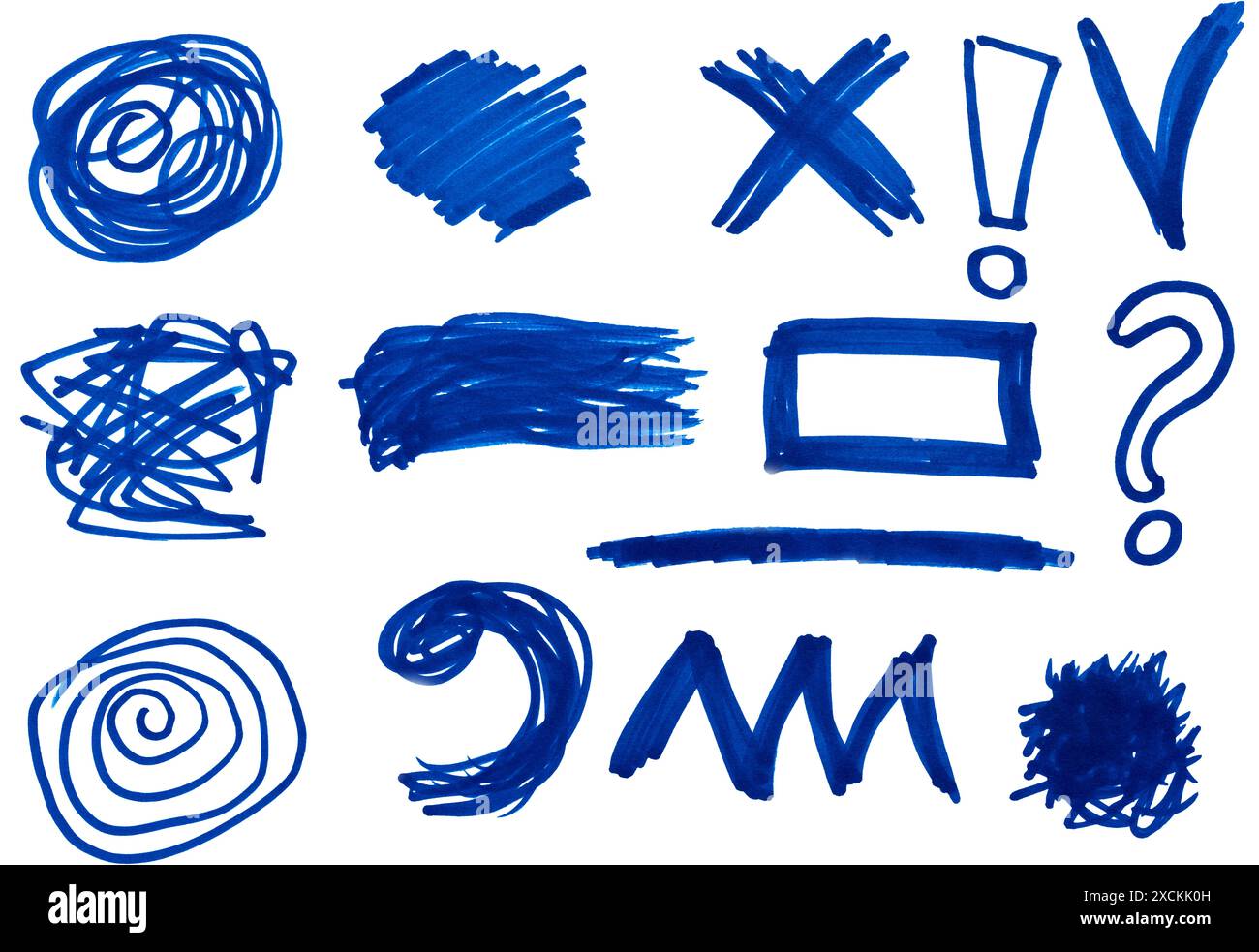 Various shapes drawn with a blue felt-tip pen on an isolated background Stock Photo