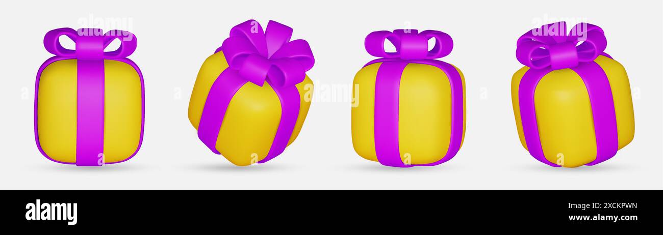 3d gift boxes set with violet ribbon bow isolated on a white background ...