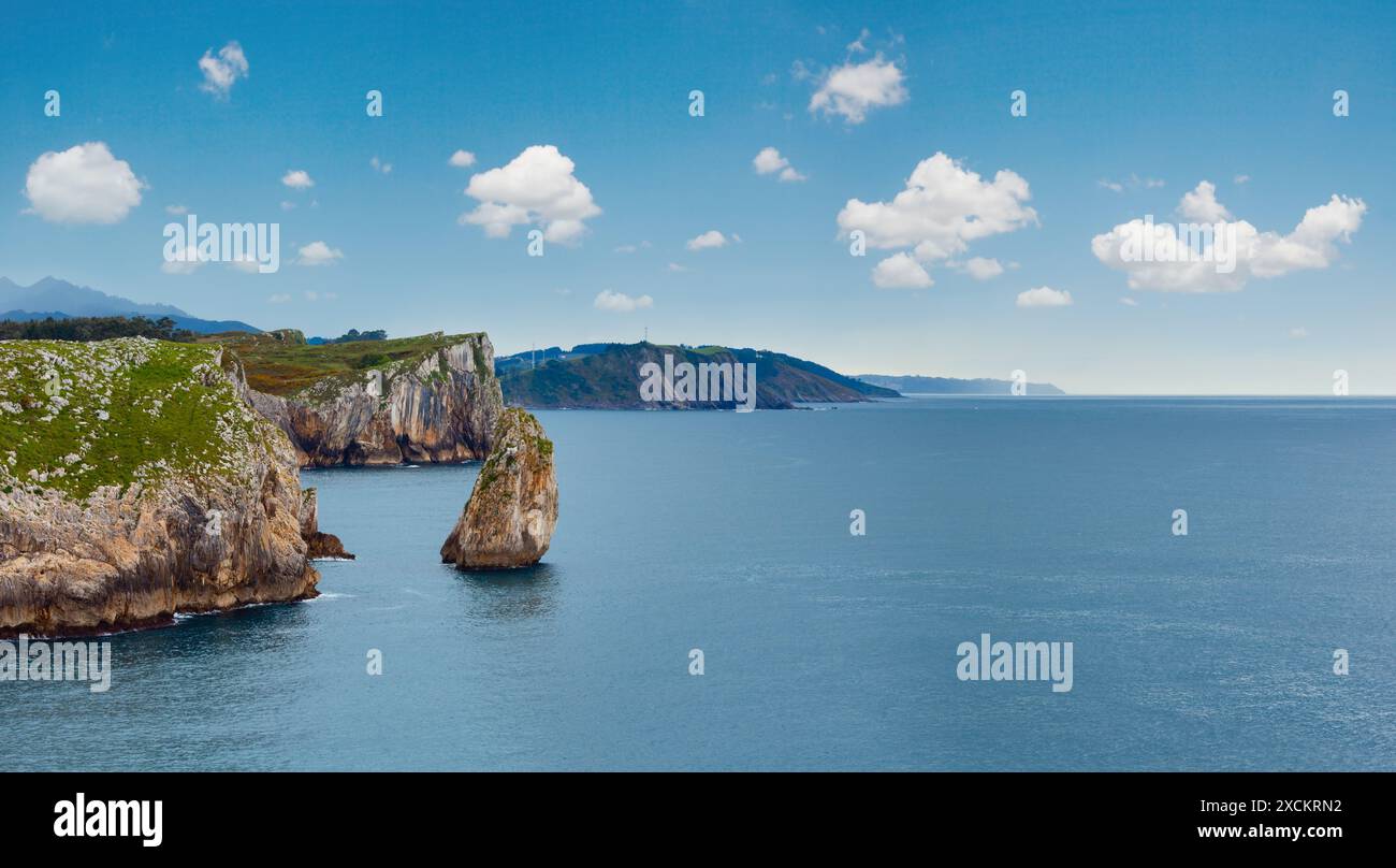 Bay of Biscay summer rocky coast view with rock island, Spain, Asturias ...
