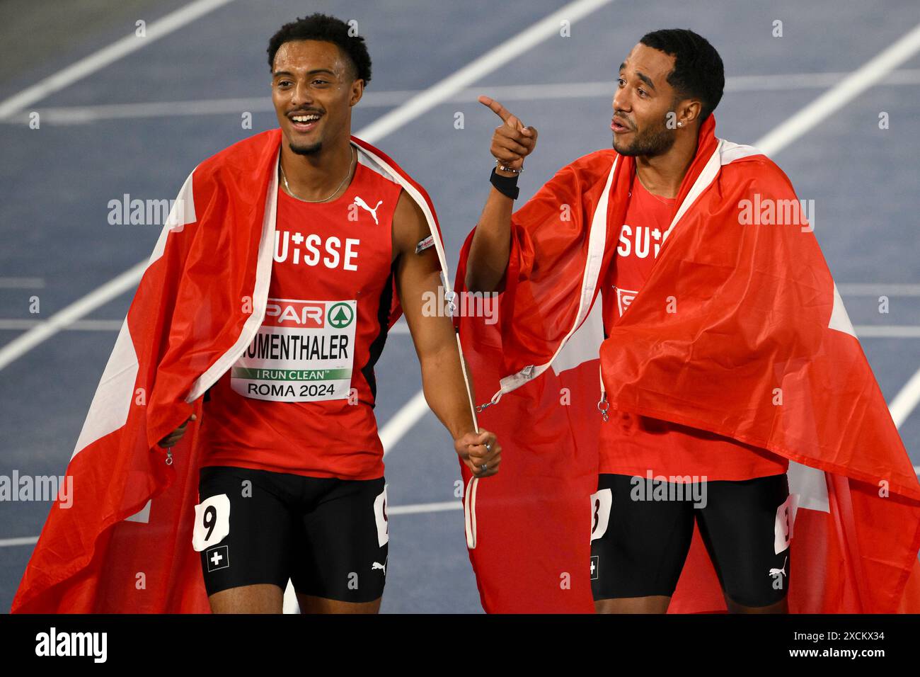 Timothe Mumenthaler (l) and William Reais of Switzerland celebrate