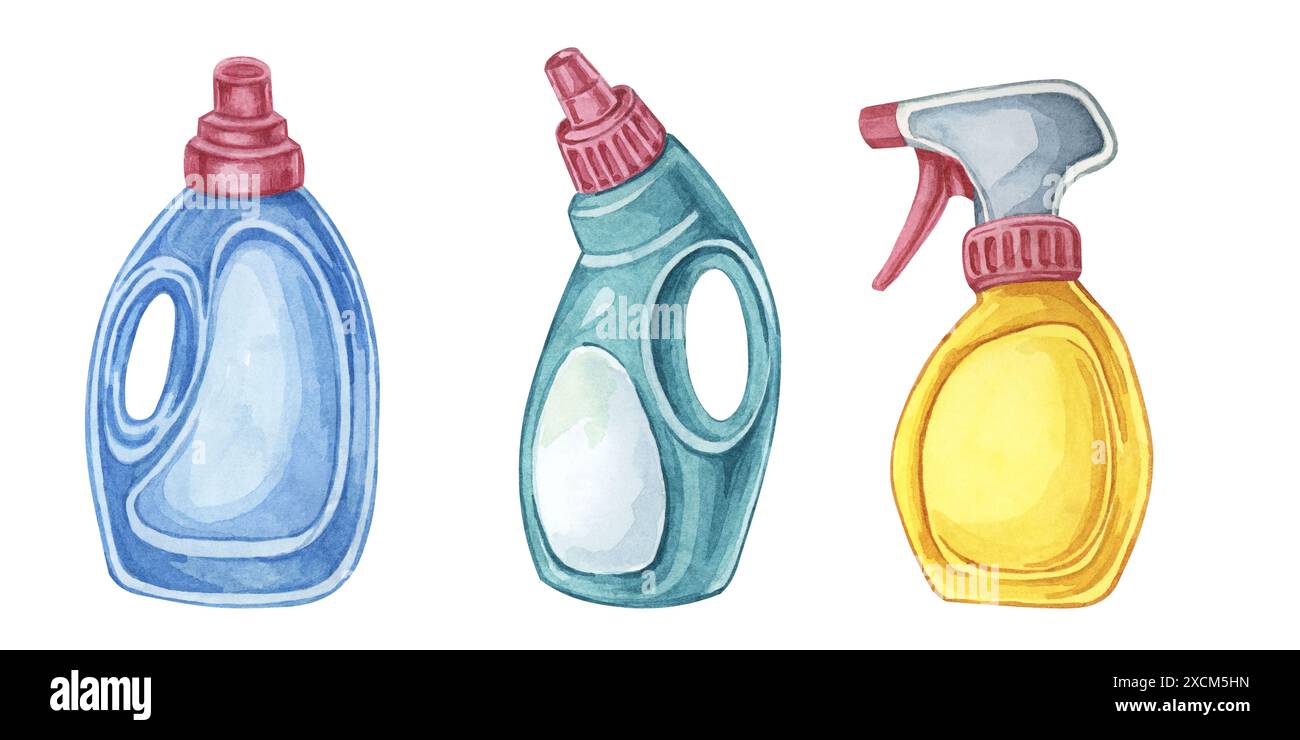 Set of bottles with various detergents in blue, yellow, green colors