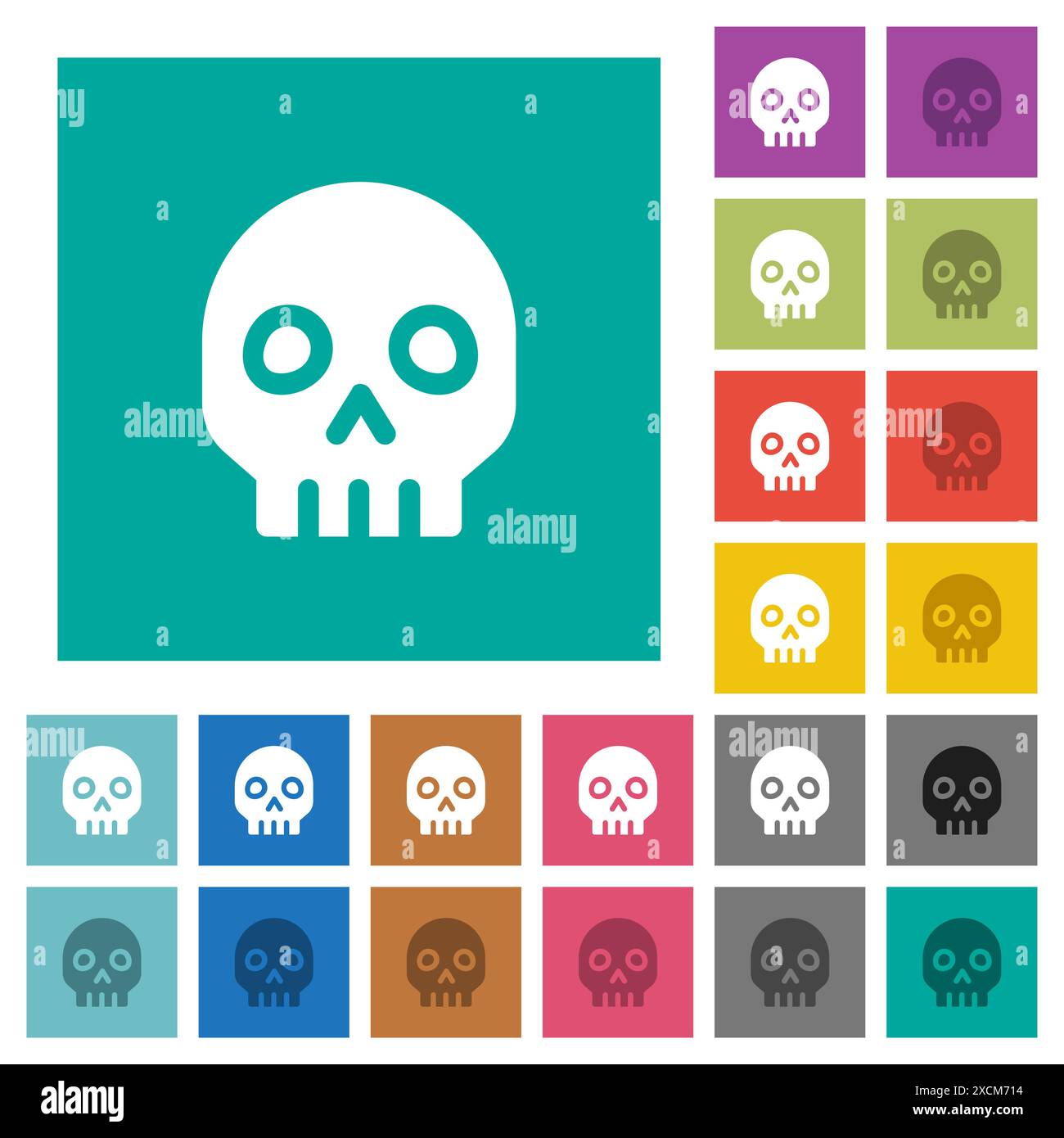 Skull solid multi colored flat icons on plain square backgrounds. Included white and darker icon variations for hover or active effects. Stock Vector