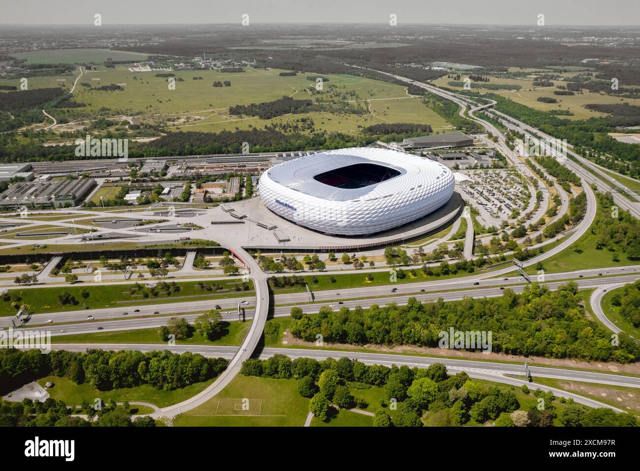MUNICH, GERMANY - May 11, 2024: The Allianz Arena aerial view. Modern ...