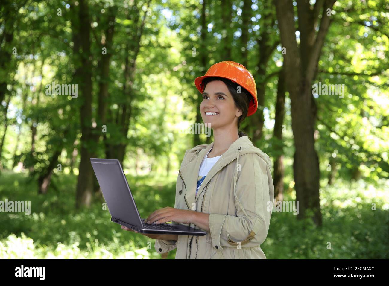 Forester with laptop examining plants in forest Stock Photo