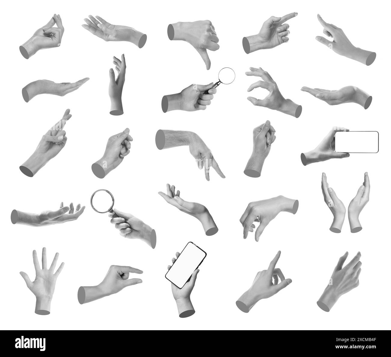 Set of different hand gestures isolated on white, black and white Stock ...