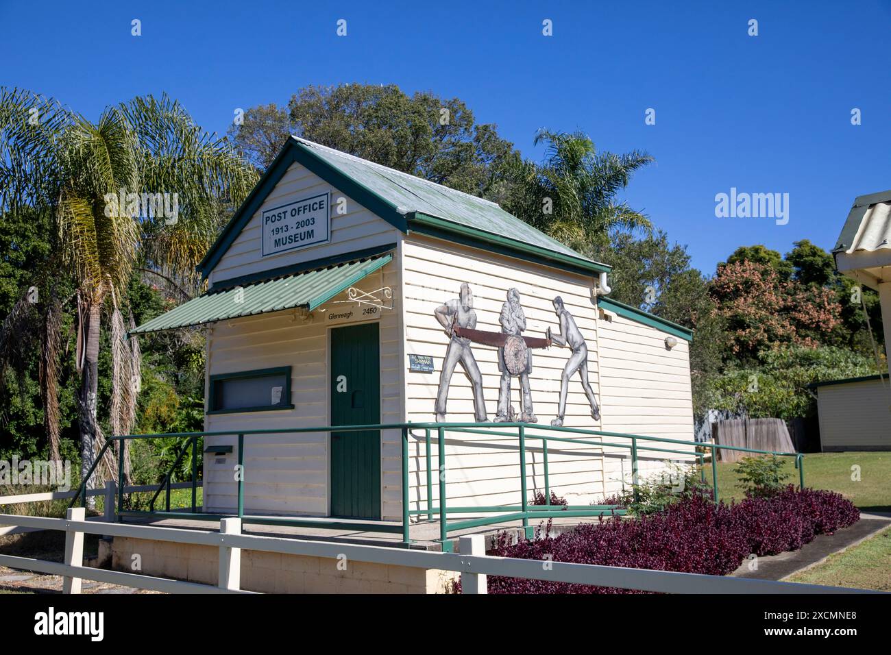 Glenreagh village in Clarence Valley, northern New South Wales with historic post office museum and jack and jill sawing image,NSW,Australia,2024 Stock Photo