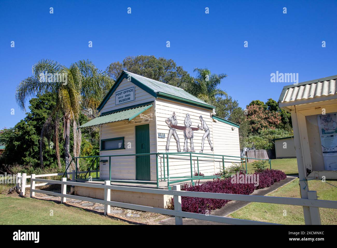 Glenreagh village in Clarence Valley, northern New South Wales with historic post office museum and jack and jill sawing image,NSW,Australia,2024 Stock Photo