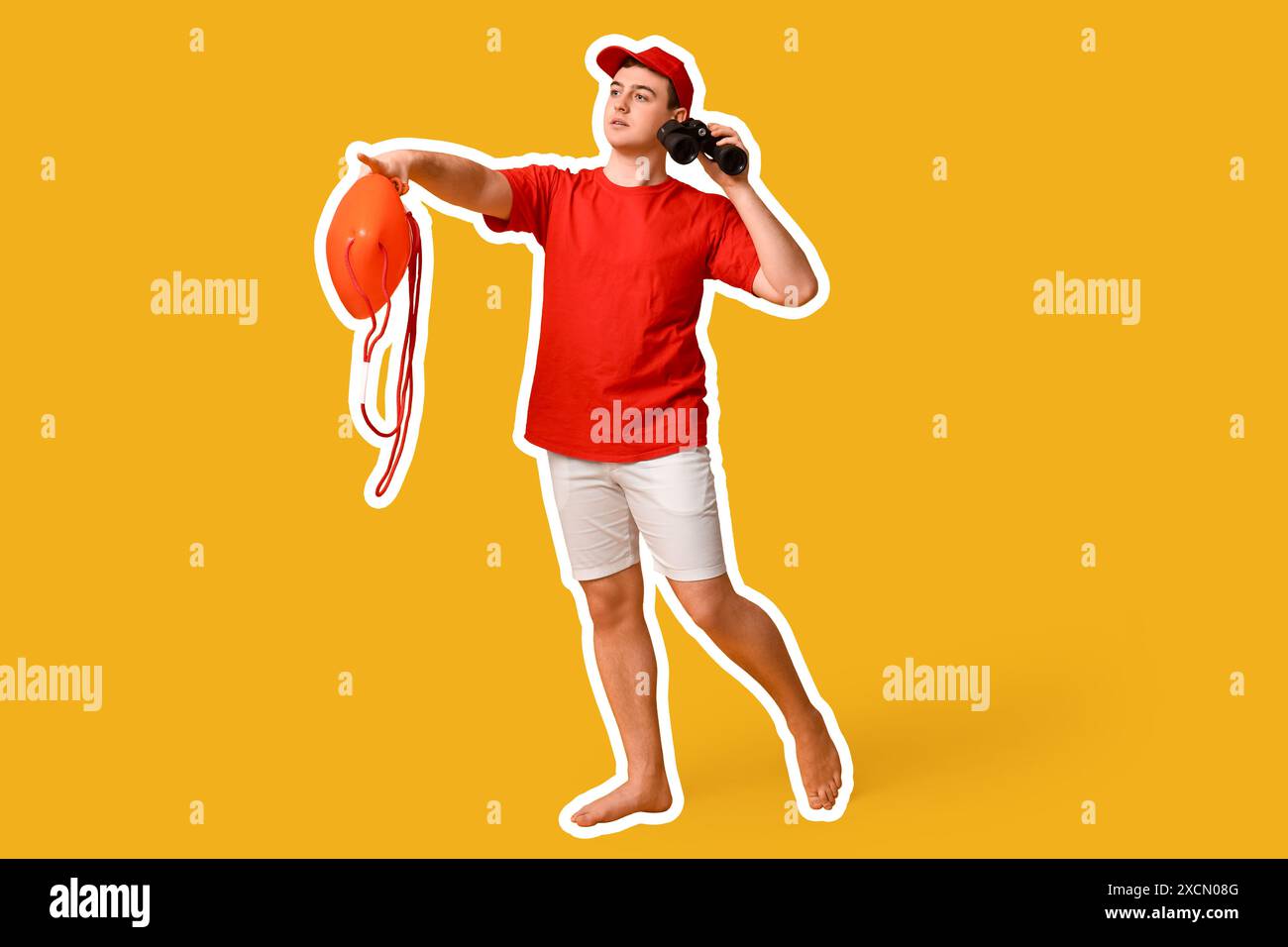 Male beach rescuer on yellow background Stock Photo - Alamy