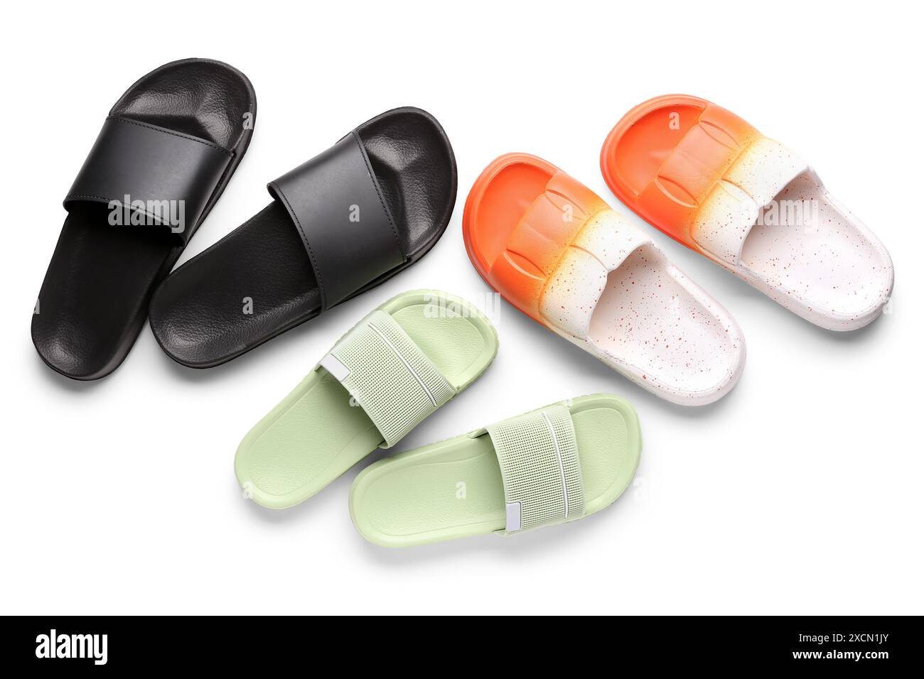 Colorful pairs of female flip flops on white background Stock Photo - Alamy