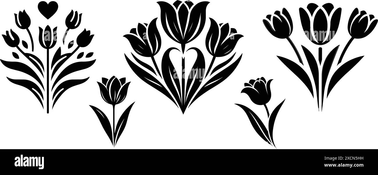 Set of decorative flowers with leaves black silhouette isolated on a white background Stock Vector