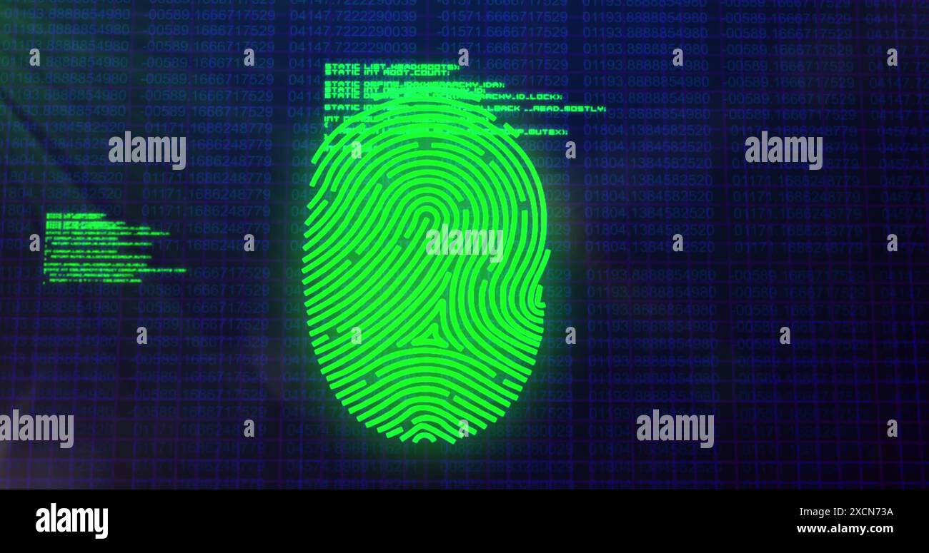 Image of fingerprint scanning with programming language and lens flare over blurred binary codes Stock Photo