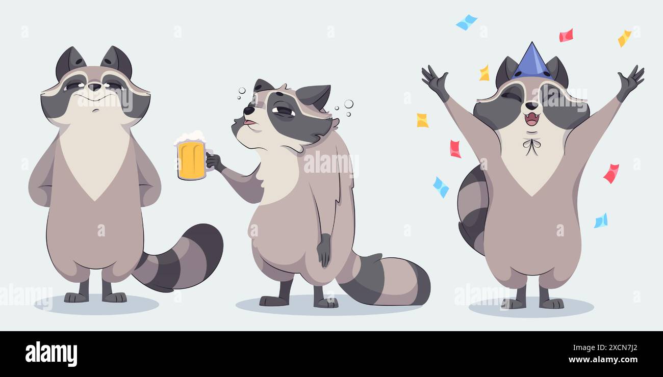 Funny racoon characters set isolated on white background. Vector ...