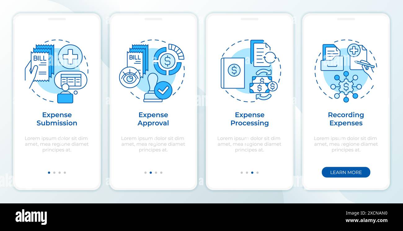 Expense management steps blue onboarding mobile app screen Stock Vector