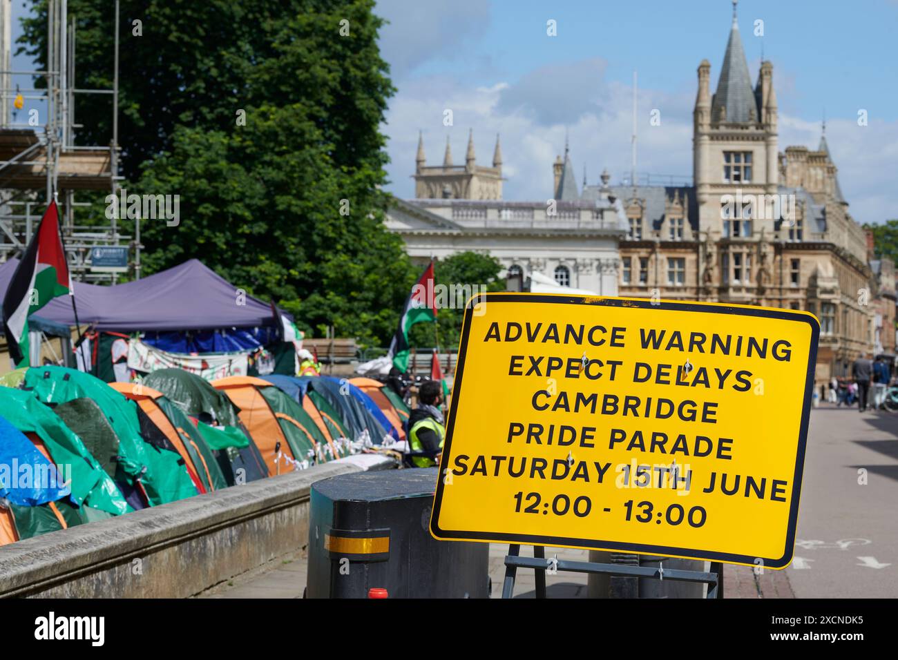 Sign, outside King's College, University of Cambridge, England, warning of a pride parade on saturday 15th June 2024. Stock Photo