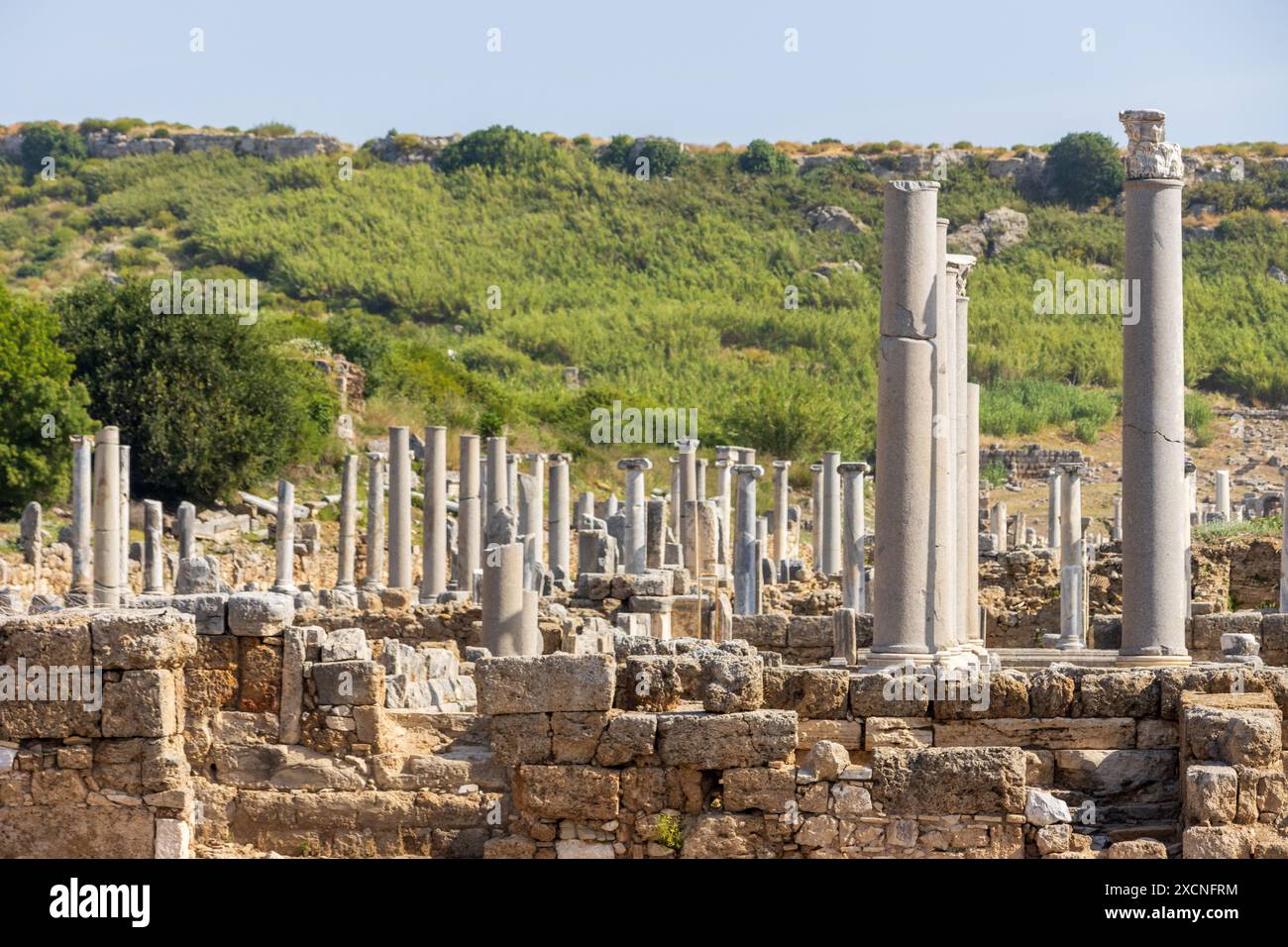 Dozens of stone columns in the ancient ruined city of Perge near ...