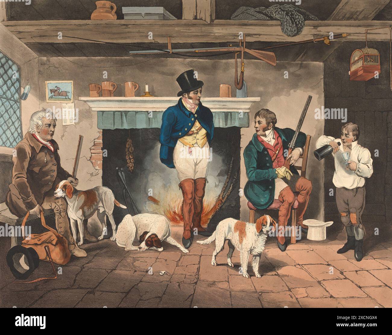 Nach der Jagd ist die Jagdgesellschaft mit den Jagdhunden in einem Zimmer, Schießen, England, 1822, Historisch, digital restaurierte Reproduktion von Stock Photo