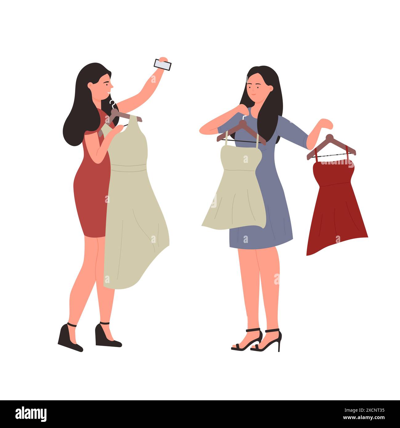 Girls choose new dresses on hangers, shopping of two female friends ...