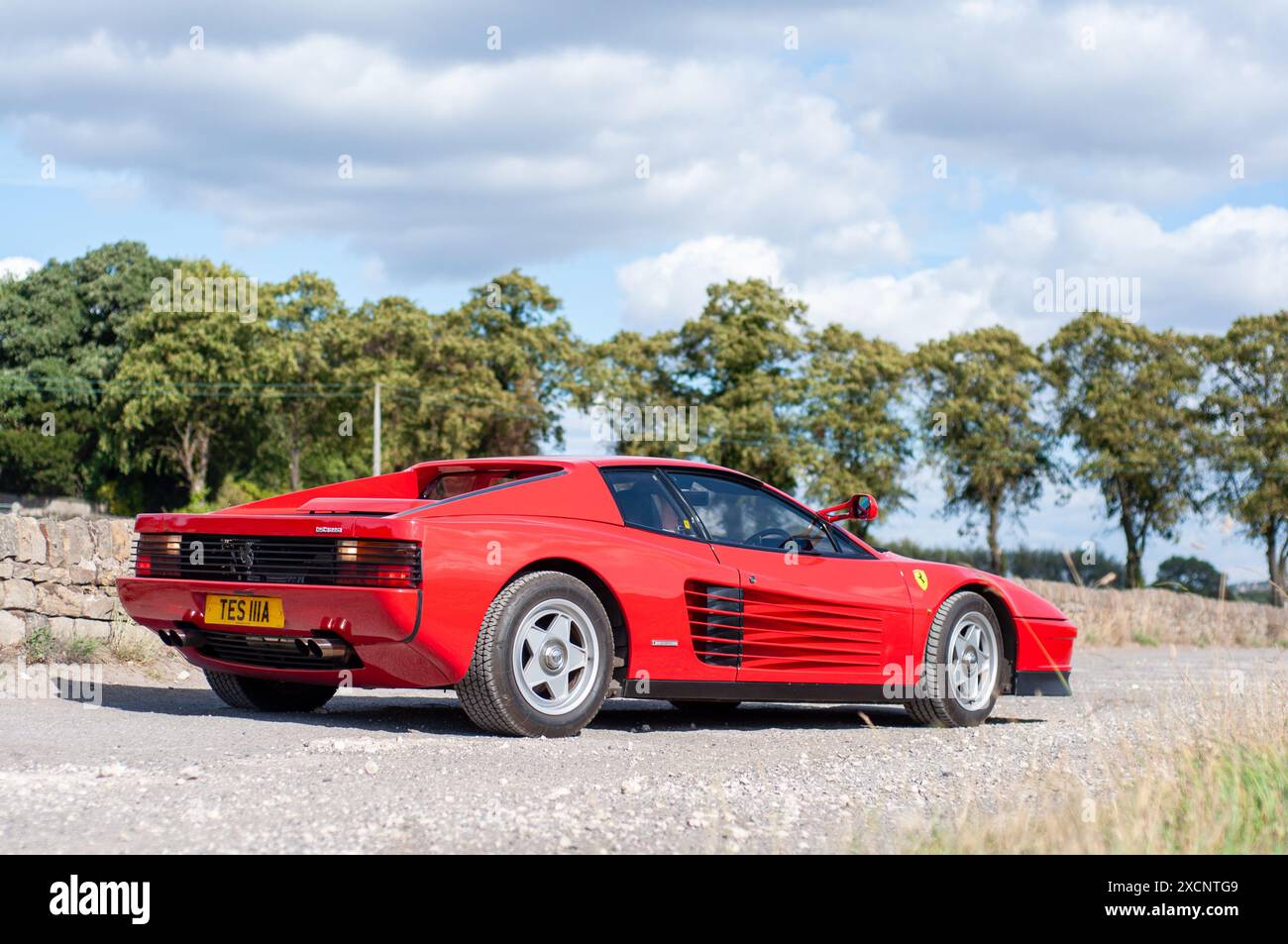 Rear three quarter view of a Ferrari Testarossa standing on a country ...
