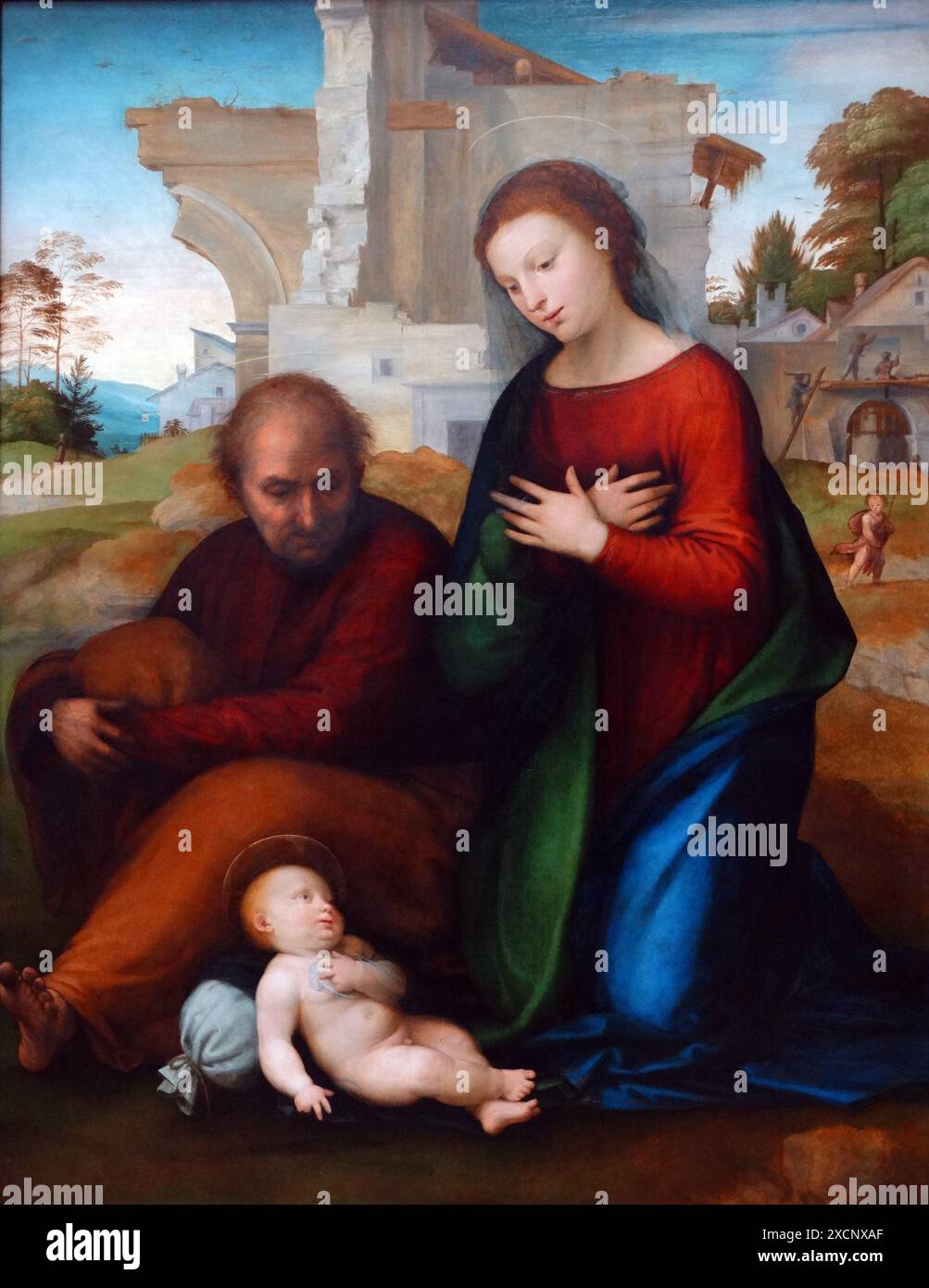 Painting tilted 'The Virgin adoring the Child with Saint Joseph' by Fra Bartolomeo (1472-1517) an Italian Renaissance painter of religious subjects. Dated 16th Century Stock Photo