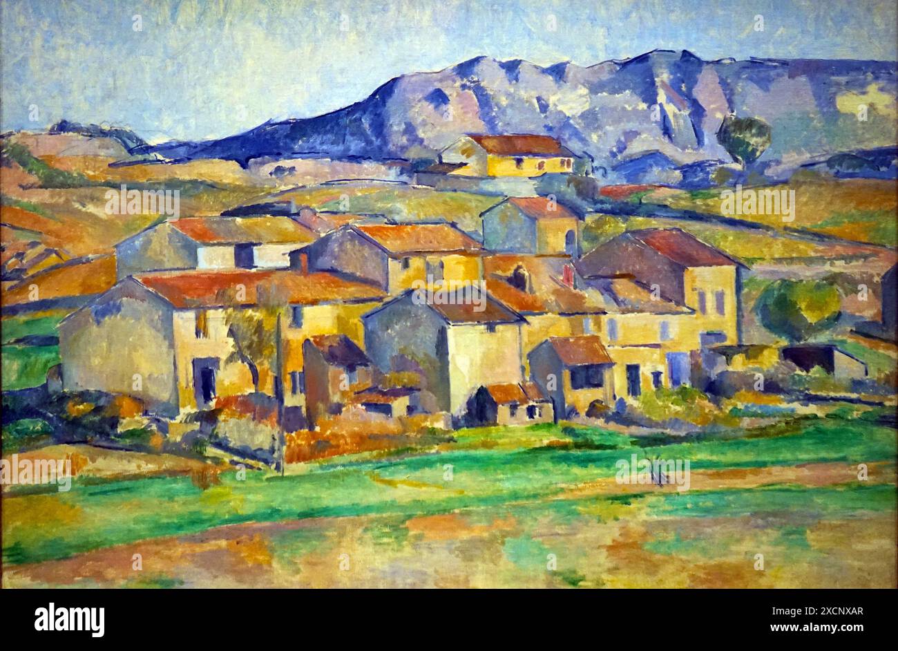 Painting titled 'Hamlet at Payannet, near Gardanne; by Paul Cézanne (1839-1906) a French Post-Impressionist painter. Dated 19th Century Stock Photo