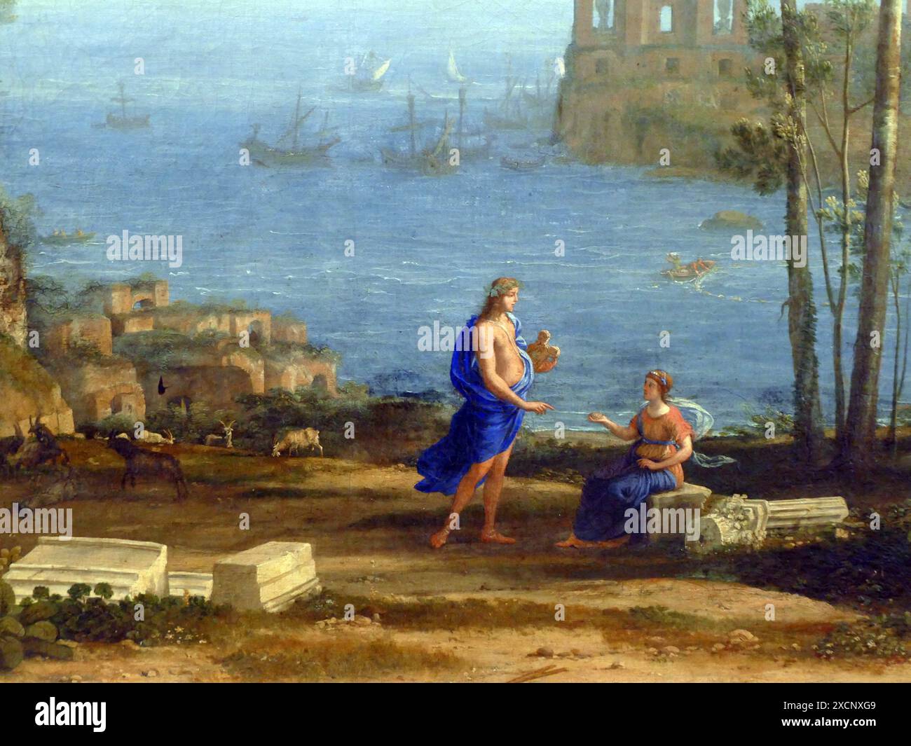 Painting titled 'Coast View with Apollo and the Cumaean Sibyl' by Claude Lorrain. Claude Lorrain (1600-1682) a French painter, draughtsman and engraver. Dated 17th Century Stock Photo